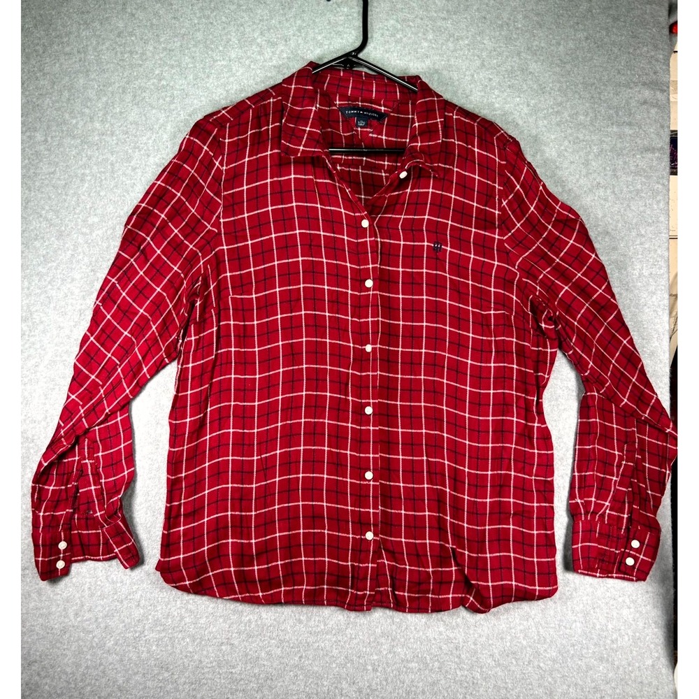 Hole*Tommy Hilfiger Shirt Women XL Red White Plaid Embroidered Collared Button